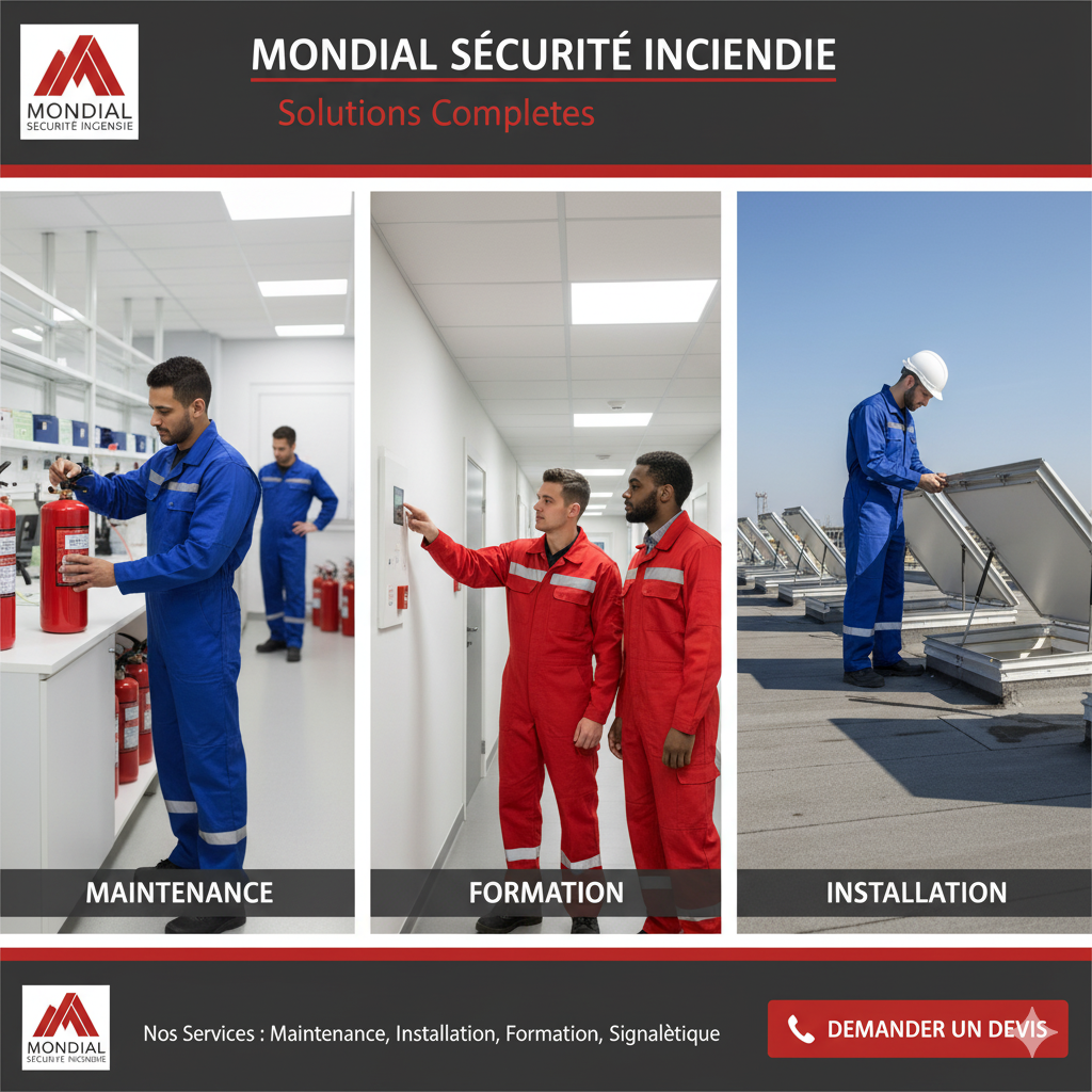 Pose d'un bloc autonome d'éclairage de sécurité (BAES) pour le balisage des chemins d'évacuation à Paris.